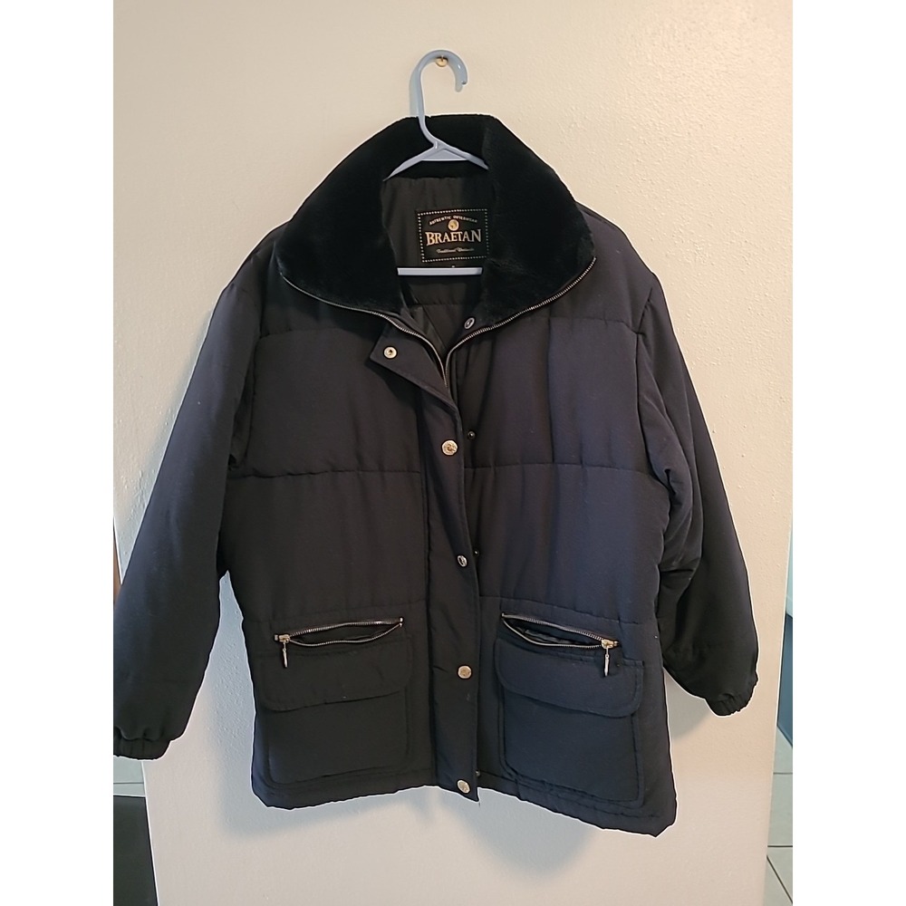 Vintage Braetan Black Faux Fur Trim Zip‎ Up Buttons Jacket Coat Womens Med